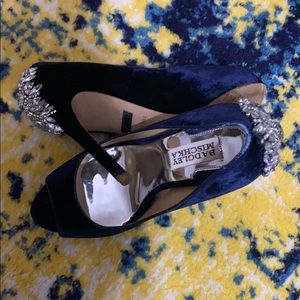Navy blue velvet stiletto peep toe heels...